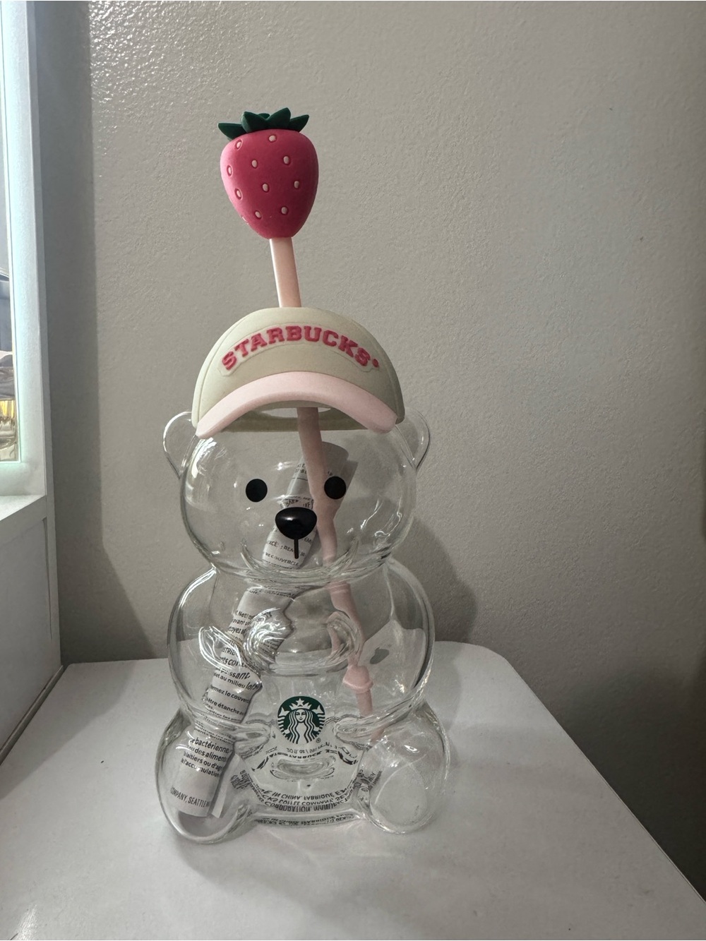 Starbucks Clear Bear Tumbler with Pink Strawberry Top